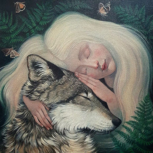 Lucy Campbell print "This Wild Love", blond-haired girl hugging wolf, limited edition print. Spirit animal.