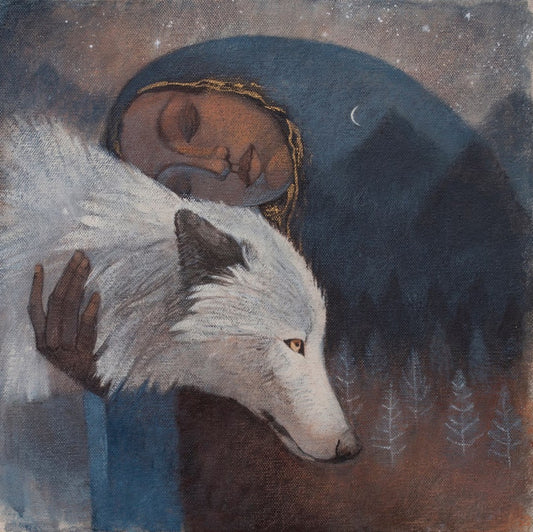 Lucy Campbell print "You Carry the Mountain Within You". Signed, limited edition print. Woman embraces wolf, forest, mountains, moon.