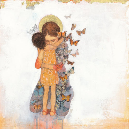 Lucy Campbell greetings card "Golden Embrace". Woman hugging child, butterflies, saying farewell
