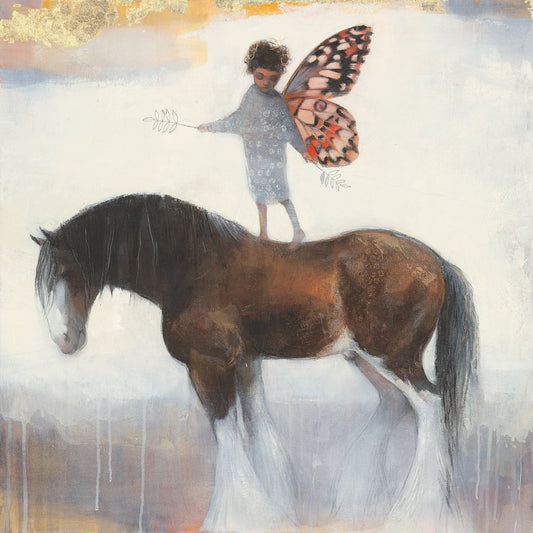 Lucy Campbell greetings card "Spread Your Wings", little girl with butterfly wings on the back of a clydesdale horse